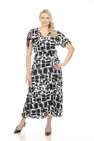Joseph Ribkoff Vanilla/Black Geometric Print Shirred Sleeve Maxi Dress 242100