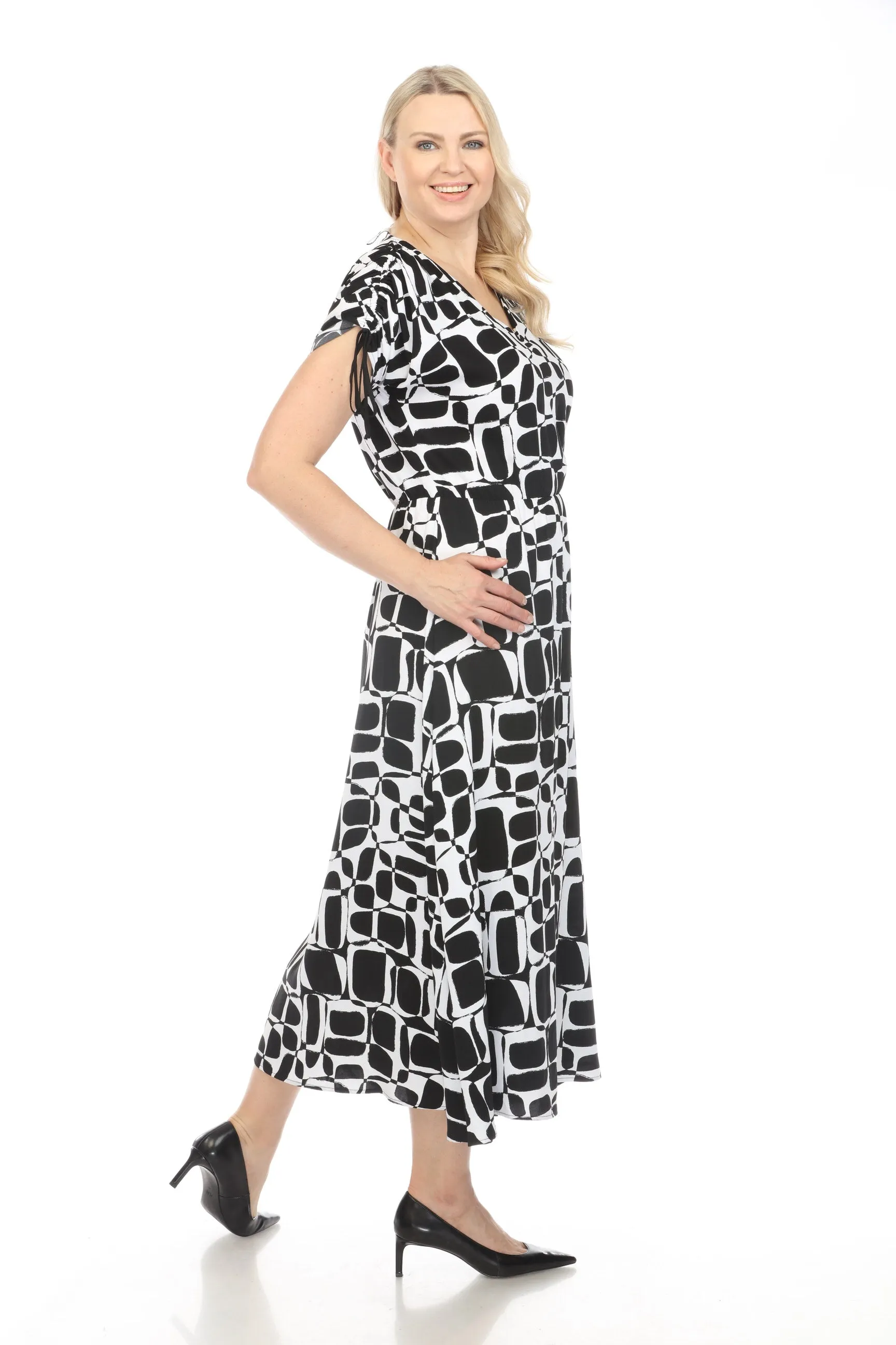 Joseph Ribkoff Vanilla/Black Geometric Print Shirred Sleeve Maxi Dress 242100