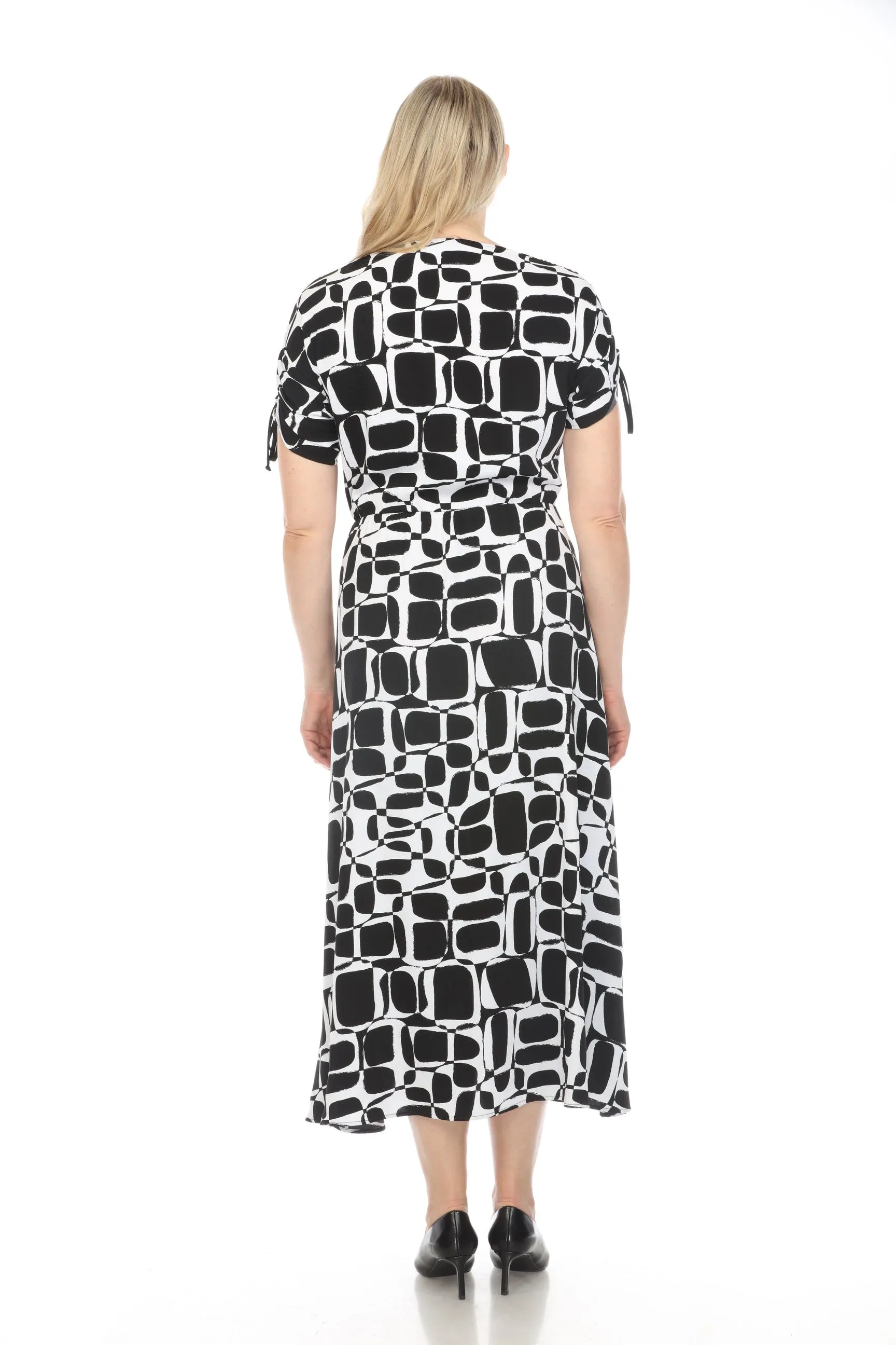 Joseph Ribkoff Vanilla/Black Geometric Print Shirred Sleeve Maxi Dress 242100