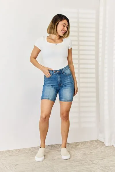 Judy Blue Tummy Control Double Button Bermuda Denim Shorts - Online Exclusive