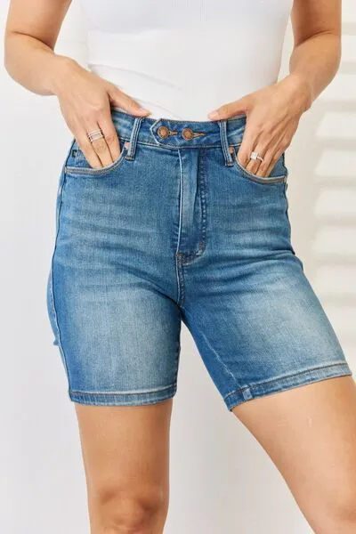 Judy Blue Tummy Control Double Button Bermuda Denim Shorts - Online Exclusive