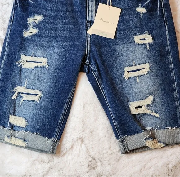 KanCan Distressed High Rise Bermuda Denim Shorts