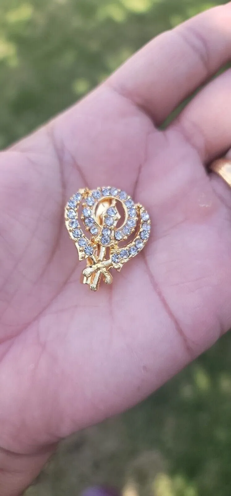 Khanda brooch gold plated stunning diamonte sikh king pin singh kaur broach k58