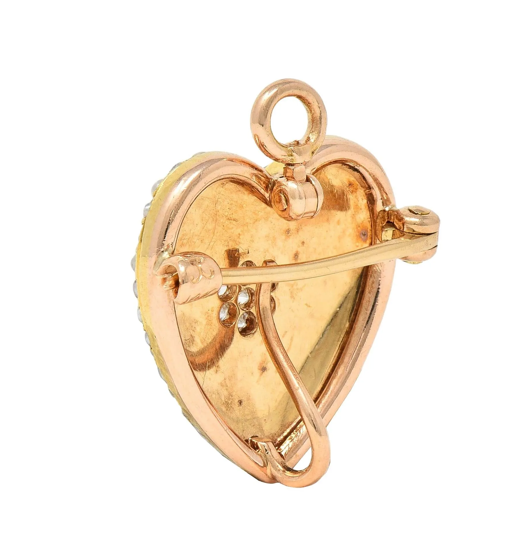 Krementz & Co. Victorian Diamond Pearl 14 Karat Yellow Gold Antique Puffy Heart Pendant Brooch
