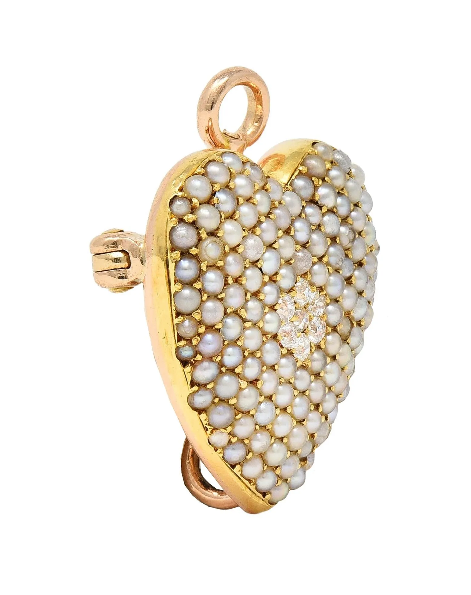 Krementz & Co. Victorian Diamond Pearl 14 Karat Yellow Gold Antique Puffy Heart Pendant Brooch