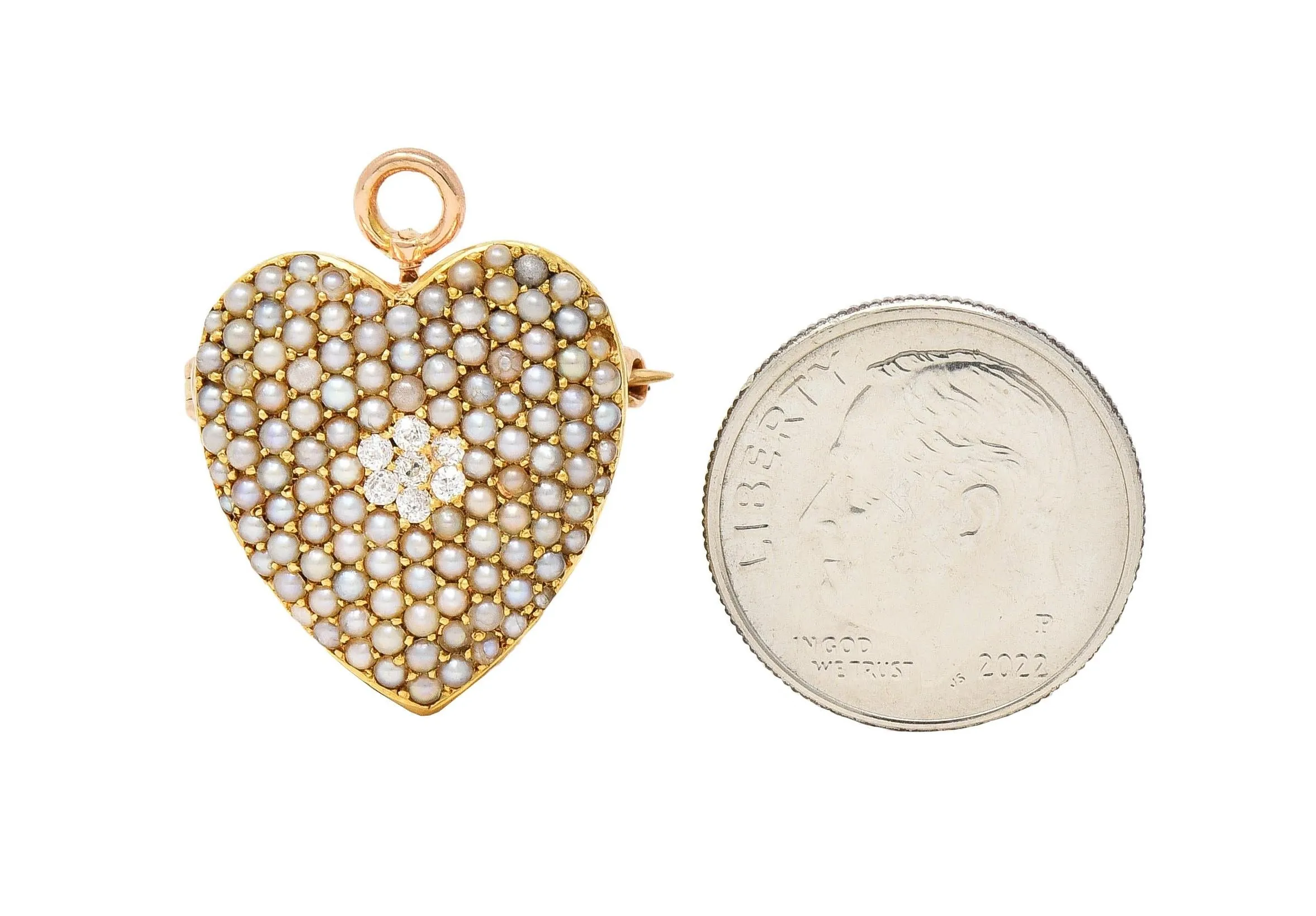 Krementz & Co. Victorian Diamond Pearl 14 Karat Yellow Gold Antique Puffy Heart Pendant Brooch