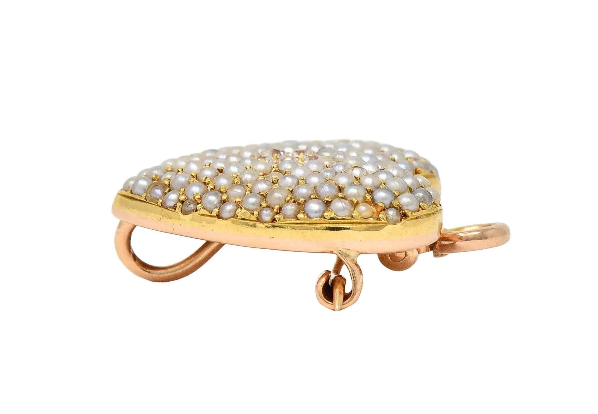 Krementz & Co. Victorian Diamond Pearl 14 Karat Yellow Gold Antique Puffy Heart Pendant Brooch