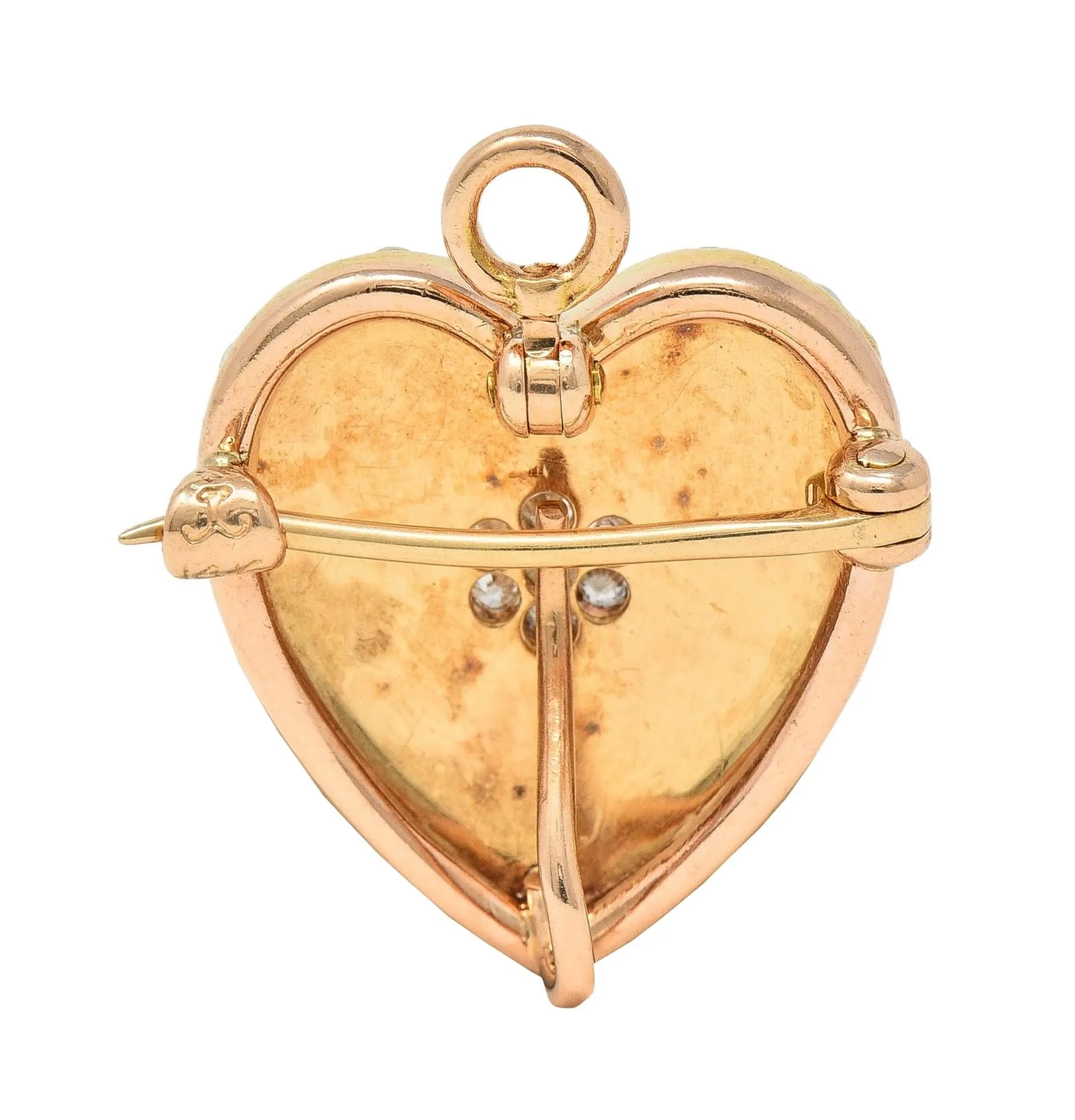 Krementz & Co. Victorian Diamond Pearl 14 Karat Yellow Gold Antique Puffy Heart Pendant Brooch