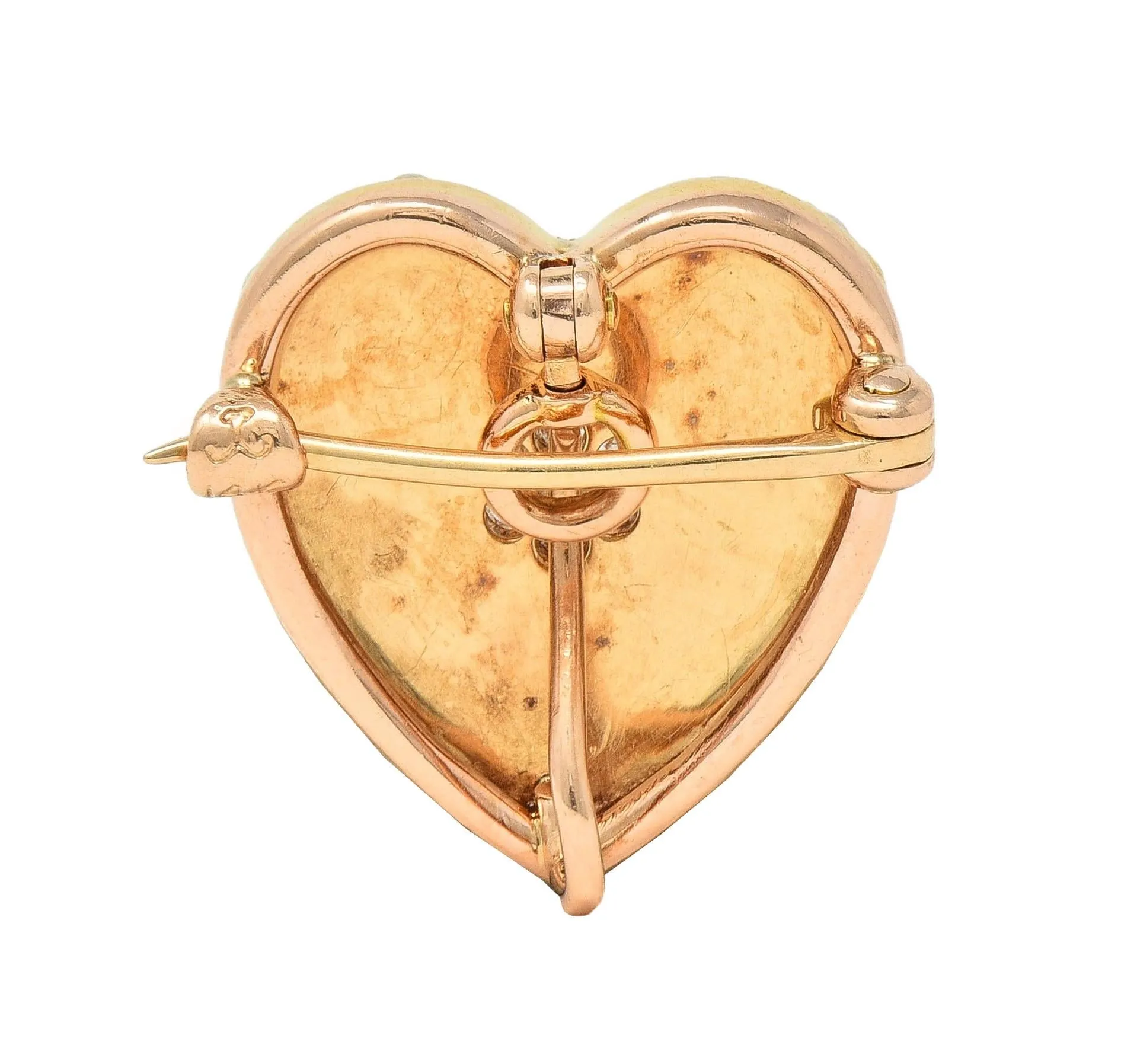 Krementz & Co. Victorian Diamond Pearl 14 Karat Yellow Gold Antique Puffy Heart Pendant Brooch