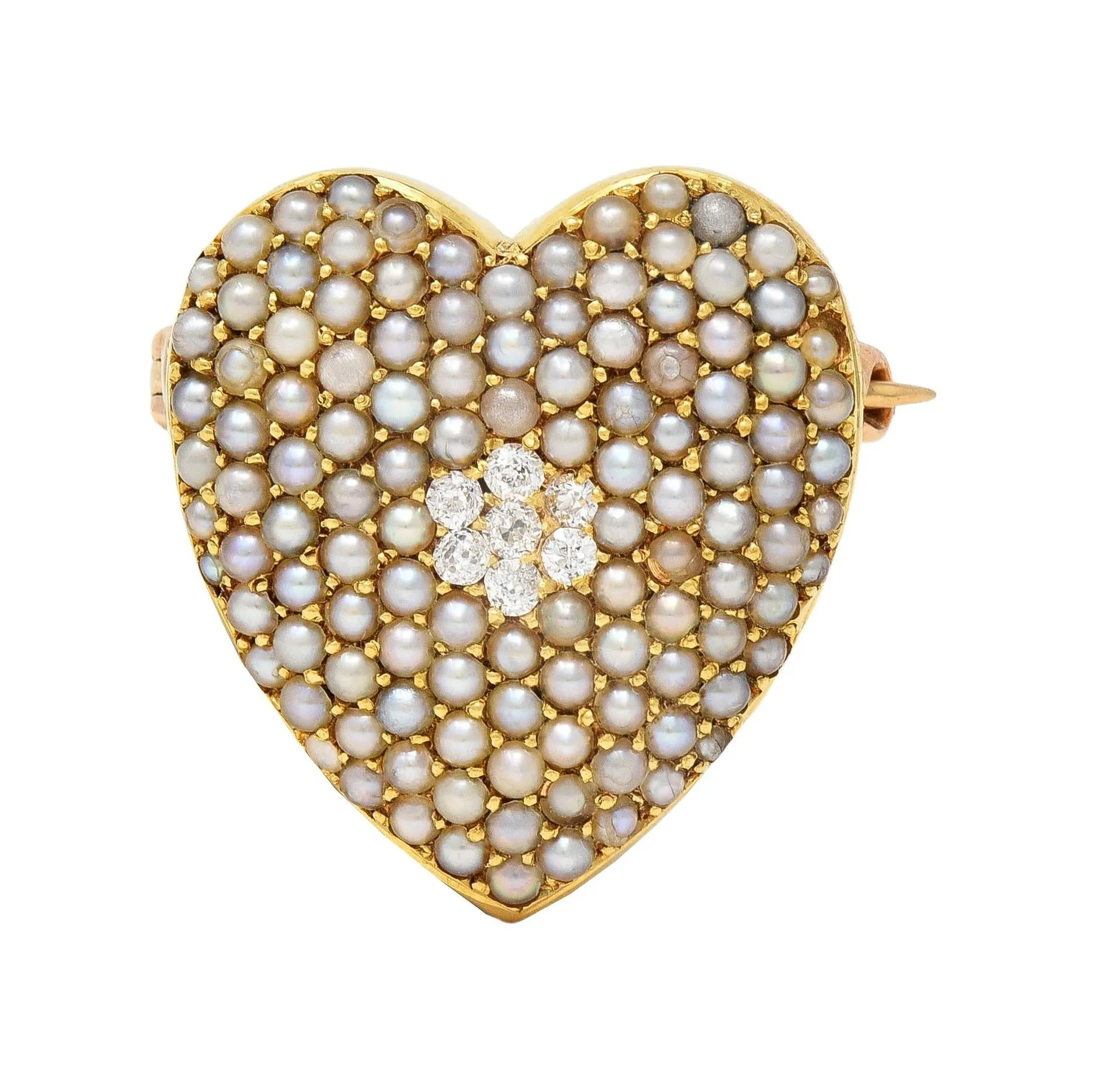 Krementz & Co. Victorian Diamond Pearl 14 Karat Yellow Gold Antique Puffy Heart Pendant Brooch