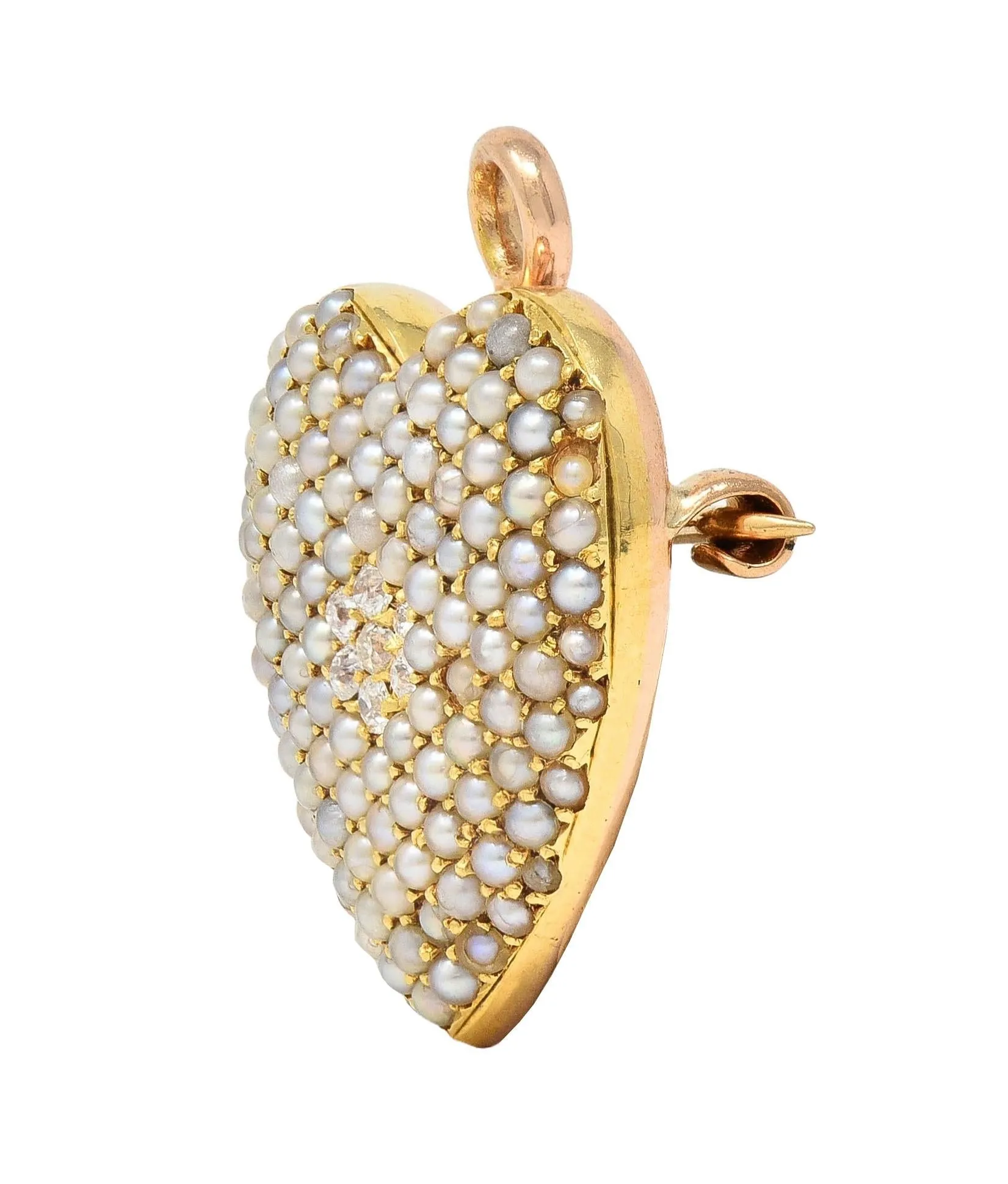 Krementz & Co. Victorian Diamond Pearl 14 Karat Yellow Gold Antique Puffy Heart Pendant Brooch
