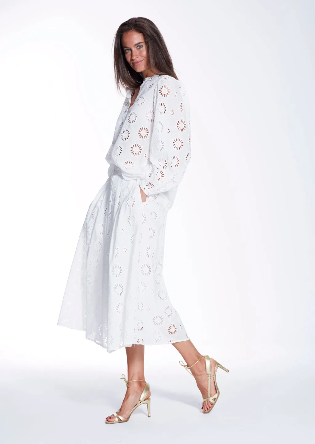 KYLIE WHITE FLORAL EYELET COTTON SKIRT
