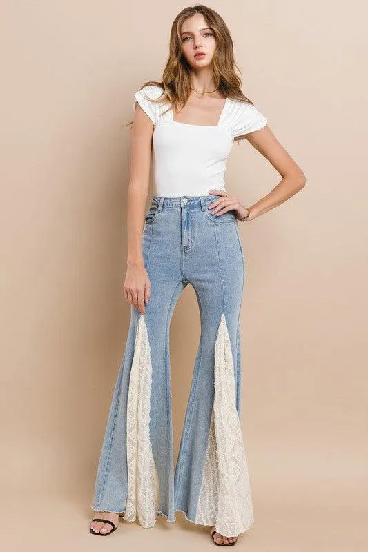 LACE DETAIL WIDE LEG JEANS
