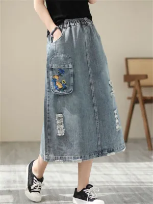 Ladies Floral Embroidered Ripped Vintage Denim Skirt