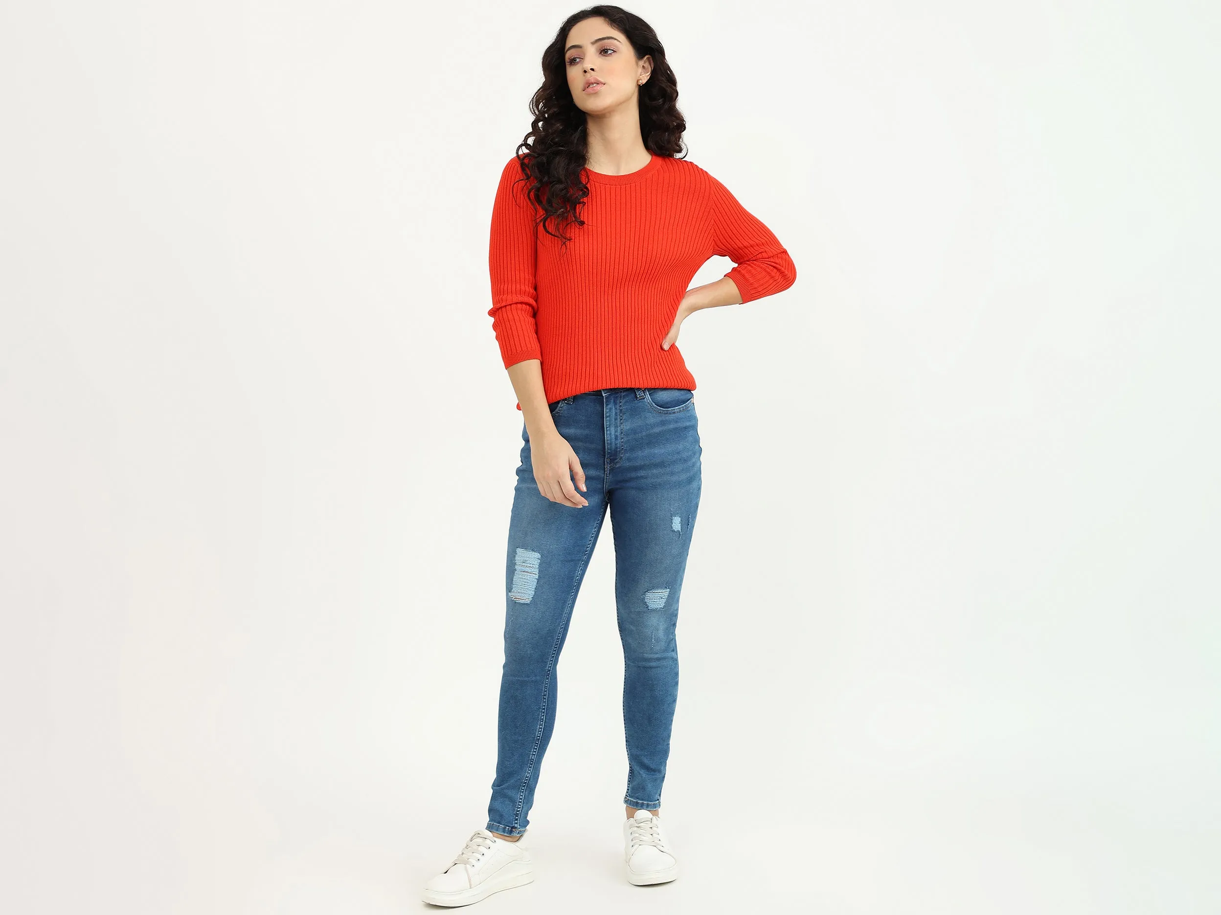 Ladies Round Neck Ribbed Sweatshirt