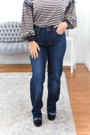 Lainey Mid Rise Frayed Hem Straight Leg Judy Blue Jeans