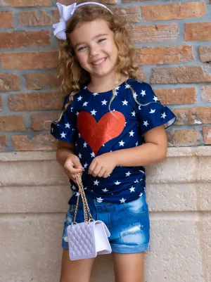 Land I Love Glitter Top and Denim Shorts Set