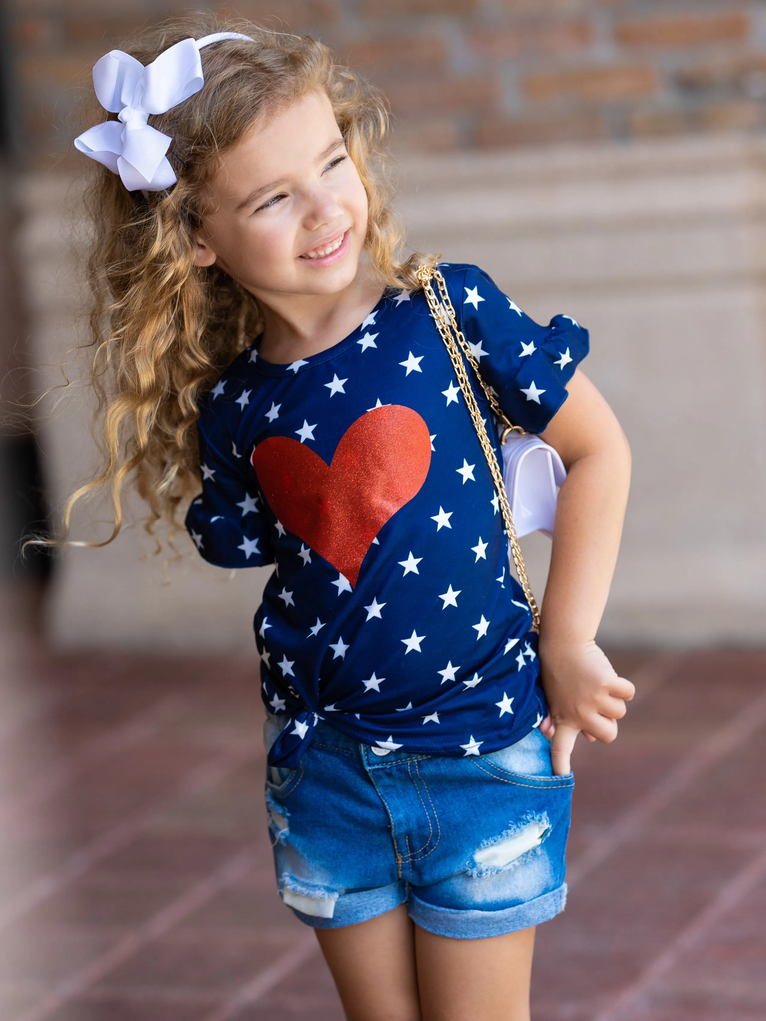 Land I Love Glitter Top and Denim Shorts Set