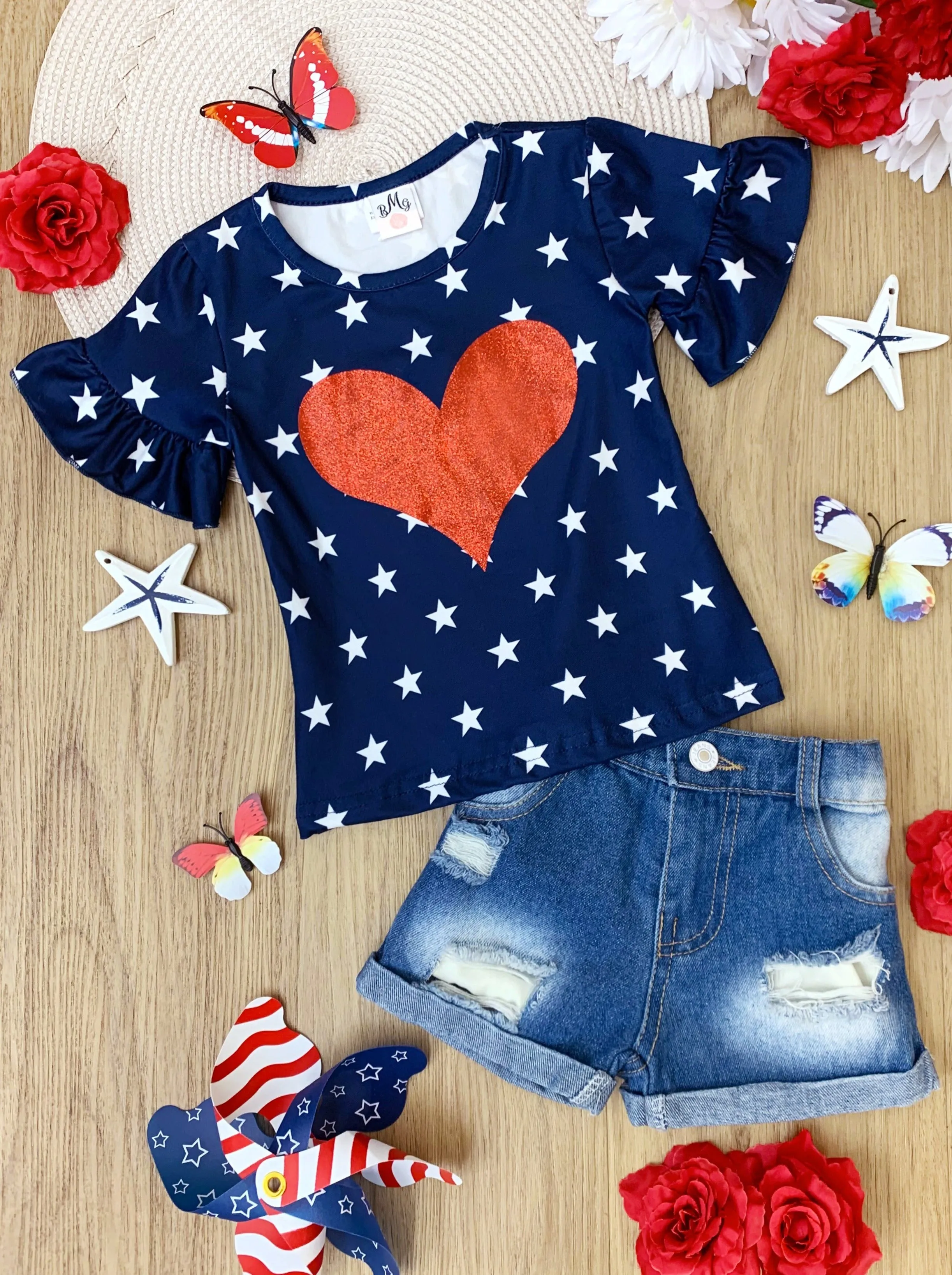 Land I Love Glitter Top and Denim Shorts Set