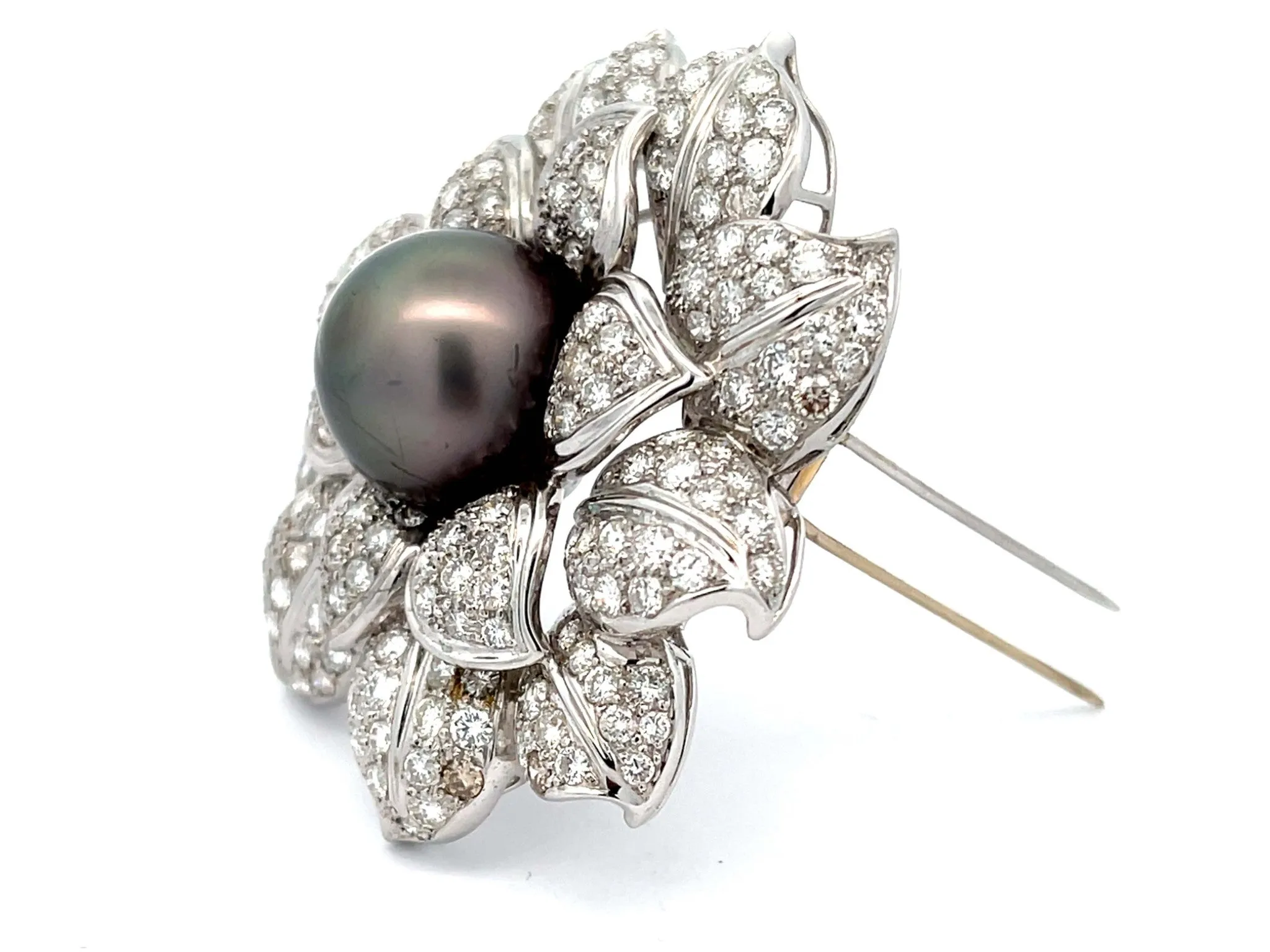 Large Diamond and Tahitian Pearl Flower Brooch in 18k White Gold