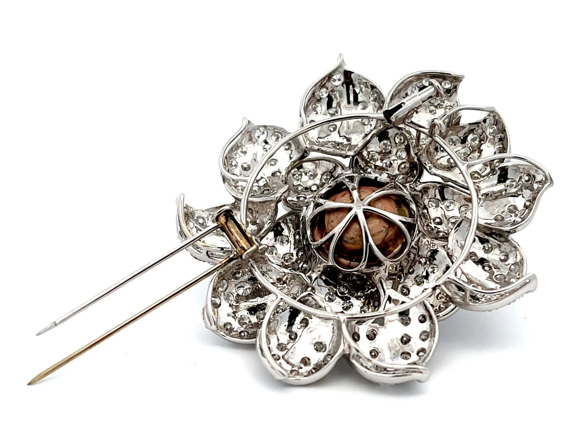 Large Diamond and Tahitian Pearl Flower Brooch in 18k White Gold