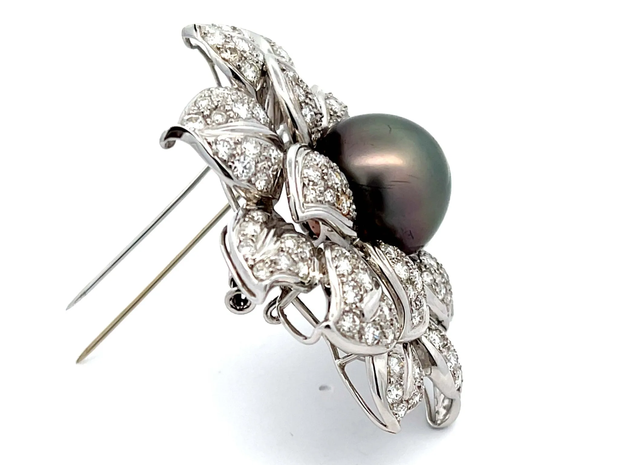 Large Diamond and Tahitian Pearl Flower Brooch in 18k White Gold