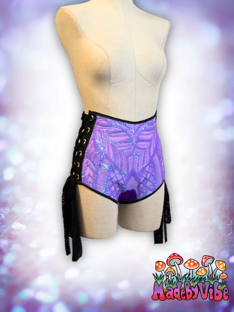Lavender Haze High Waisted Side Lace Booty Shorts - Ready to Ship