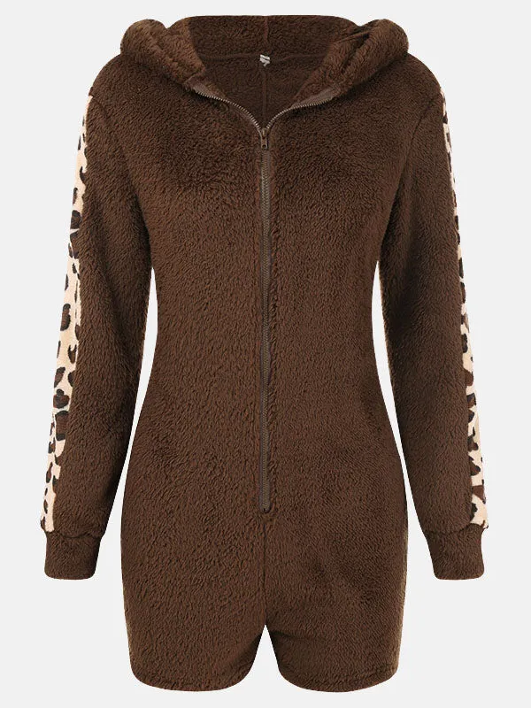 Leopard Bear Hooded Cute Fuzzy Romper