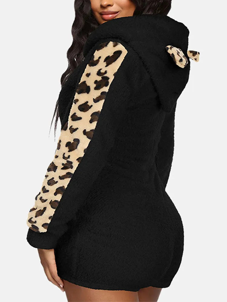 Leopard Bear Hooded Cute Fuzzy Romper