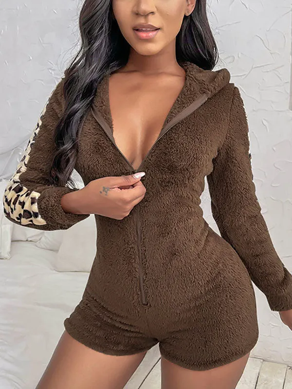 Leopard Bear Hooded Cute Fuzzy Romper