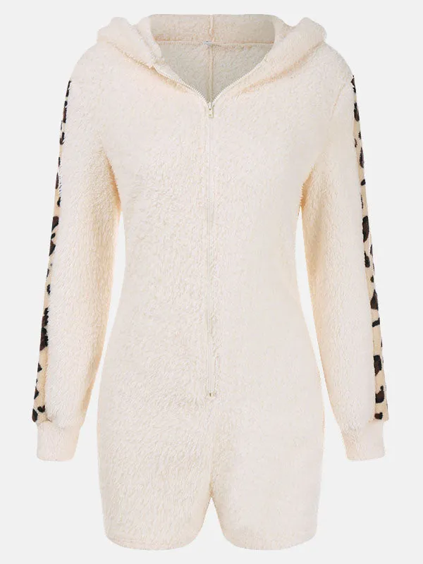 Leopard Bear Hooded Cute Fuzzy Romper