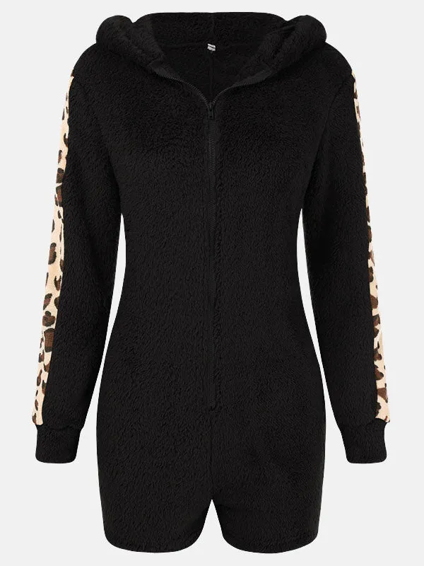 Leopard Bear Hooded Cute Fuzzy Romper