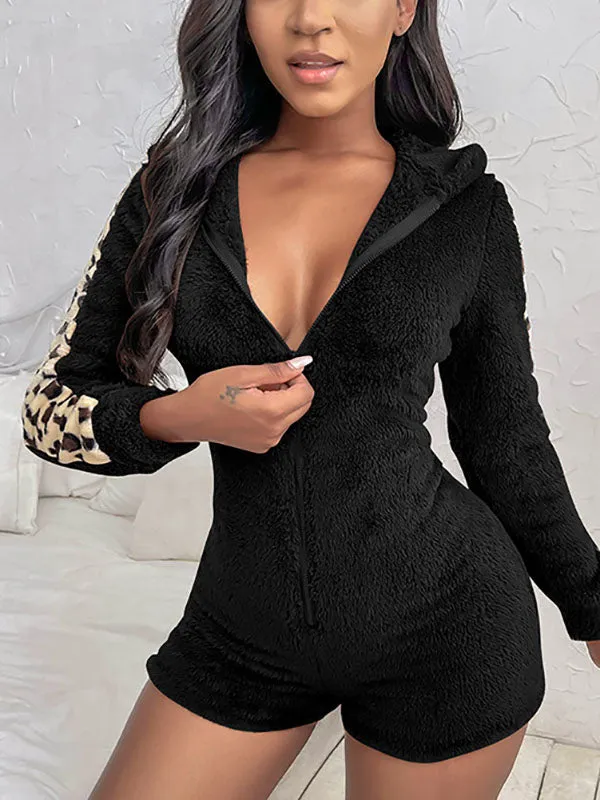 Leopard Bear Hooded Cute Fuzzy Romper