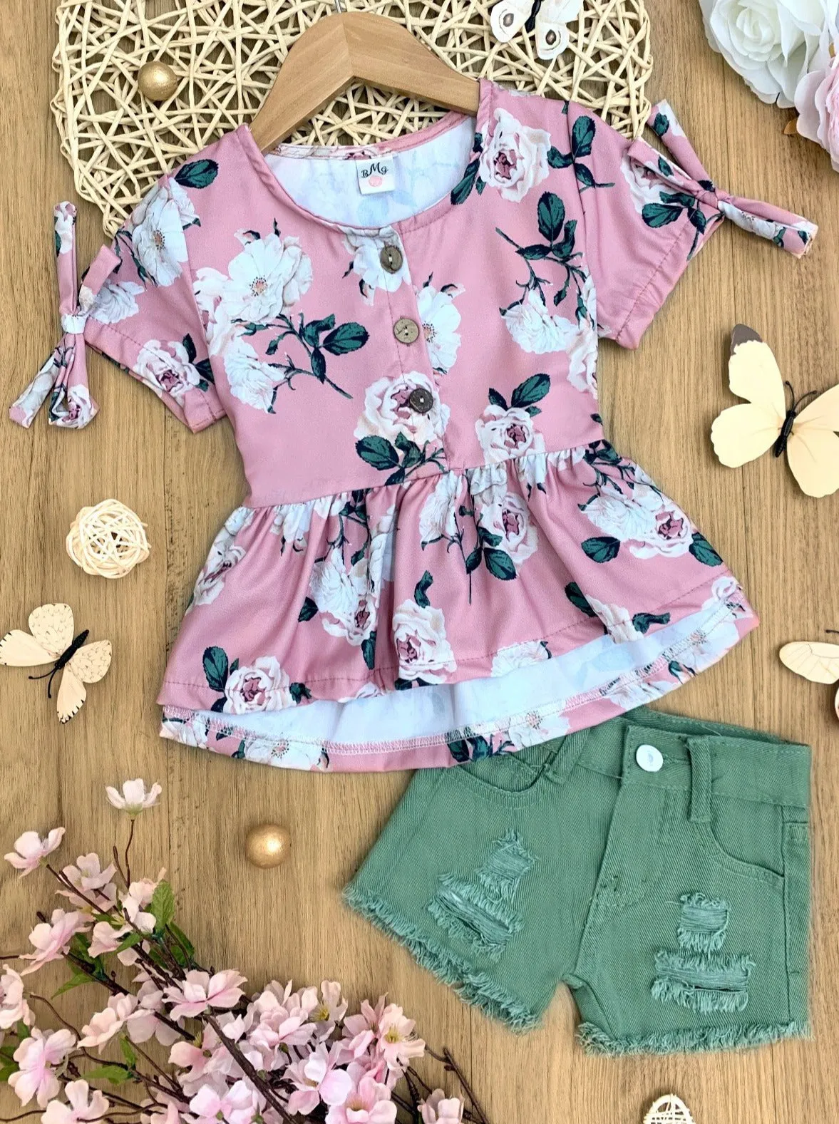 Let's Get Flowers Denim Short Set