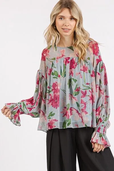 Light Blue Floral Round Neck Flounce Sleeve Blouse