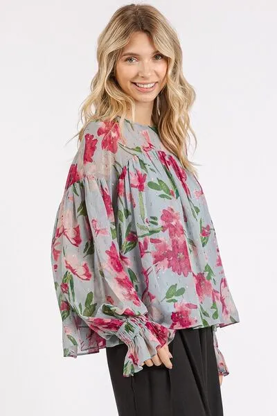 Light Blue Floral Round Neck Flounce Sleeve Blouse