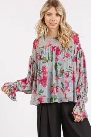 Light Blue Floral Round Neck Flounce Sleeve Blouse