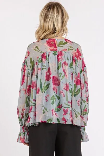 Light Blue Floral Round Neck Flounce Sleeve Blouse