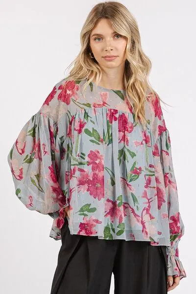 Light Blue Floral Round Neck Flounce Sleeve Blouse