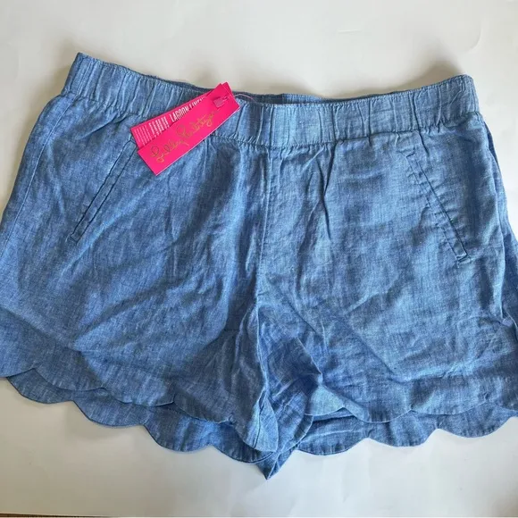 Lilly Pulitzer Women's XL Brea Linen Shorts Scalloped Beckon Blue Pull On NEW