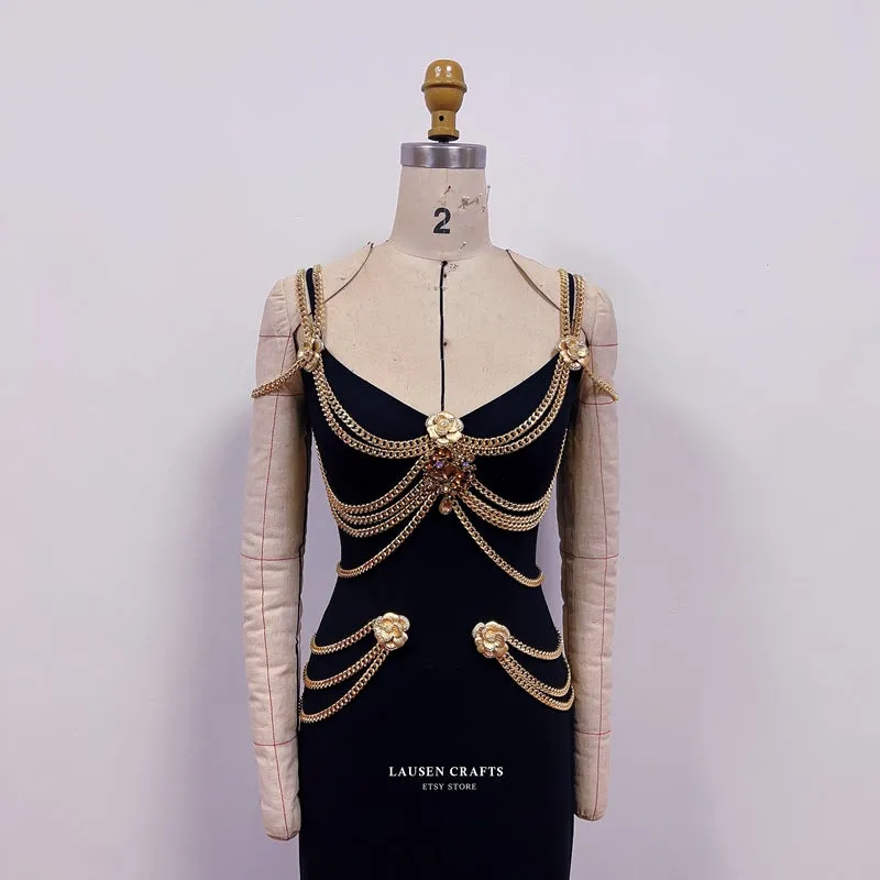Lily-Rose Depp Inspired Black Dress with Gold Chains Met Gala 2019