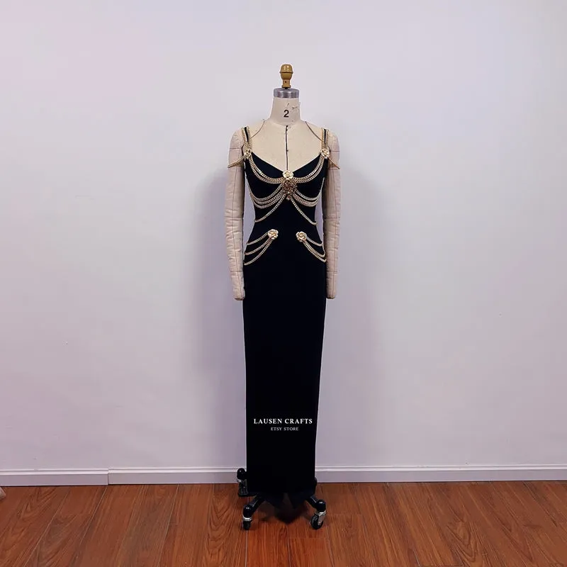 Lily-Rose Depp Inspired Black Dress with Gold Chains Met Gala 2019