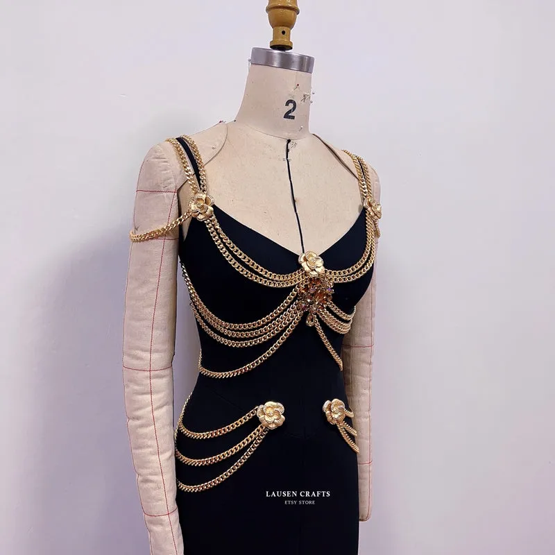 Lily-Rose Depp Inspired Black Dress with Gold Chains Met Gala 2019