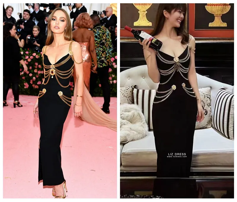 Lily-Rose Depp Inspired Black Dress with Gold Chains Met Gala 2019