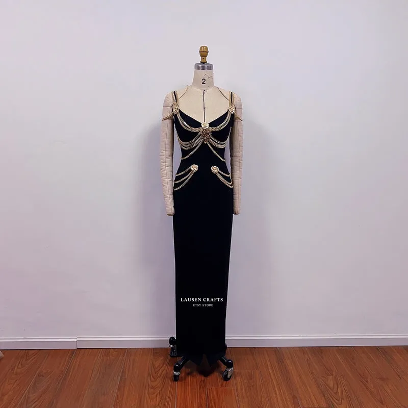 Lily-Rose Depp Inspired Black Dress with Gold Chains Met Gala 2019