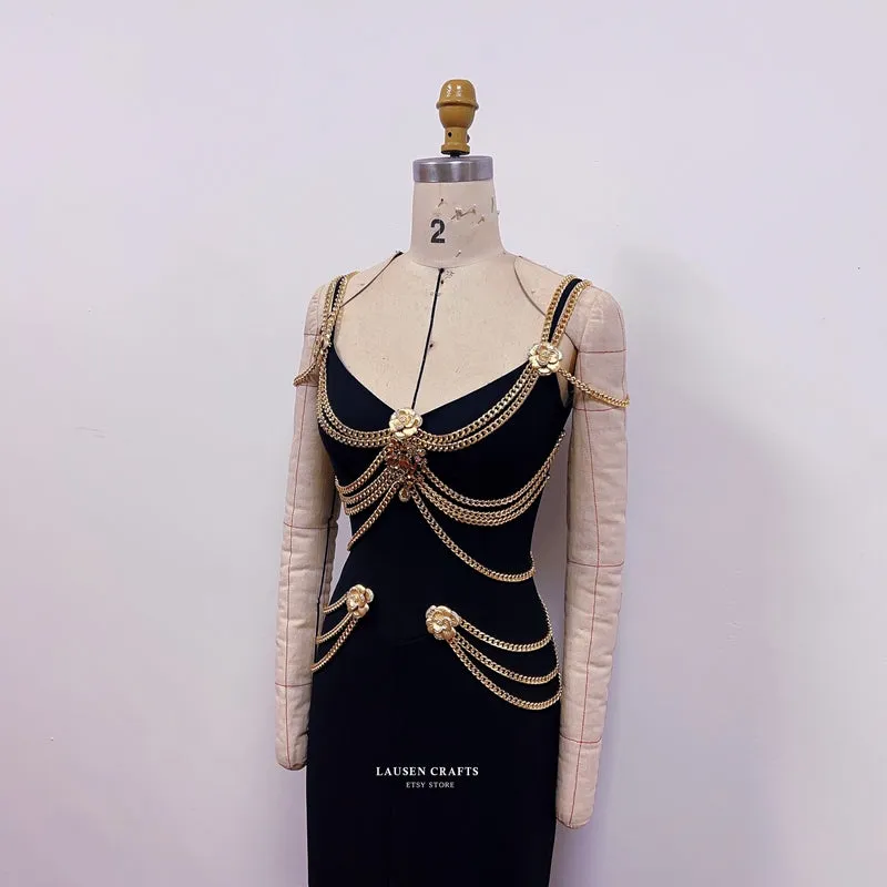 Lily-Rose Depp Inspired Black Dress with Gold Chains Met Gala 2019