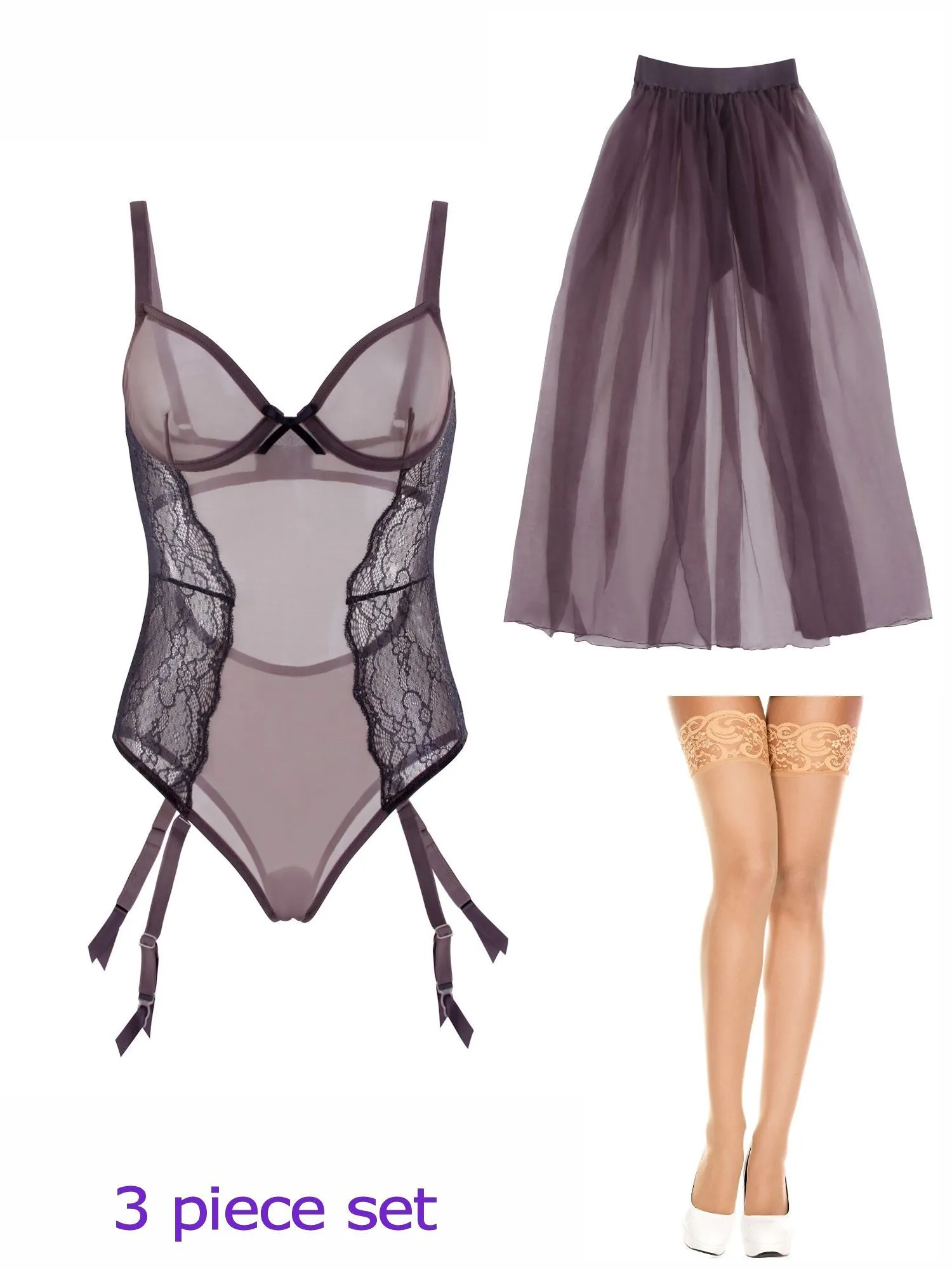 Lingerie Bodysuit Teddy with Garters and Maxi Skirt Boudoir Set