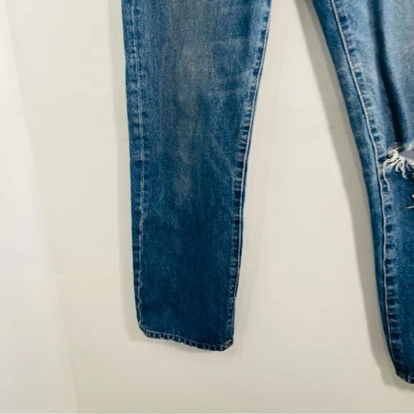 Madewell Classic Straight High Rise Ripped Knee Jeans Jade Wash 24 J7951