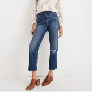 Madewell Classic Straight High Rise Ripped Knee Jeans Jade Wash 24 J7951