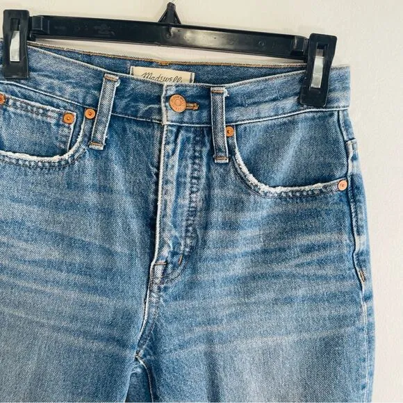 Madewell Classic Straight High Rise Ripped Knee Jeans Jade Wash 24 J7951